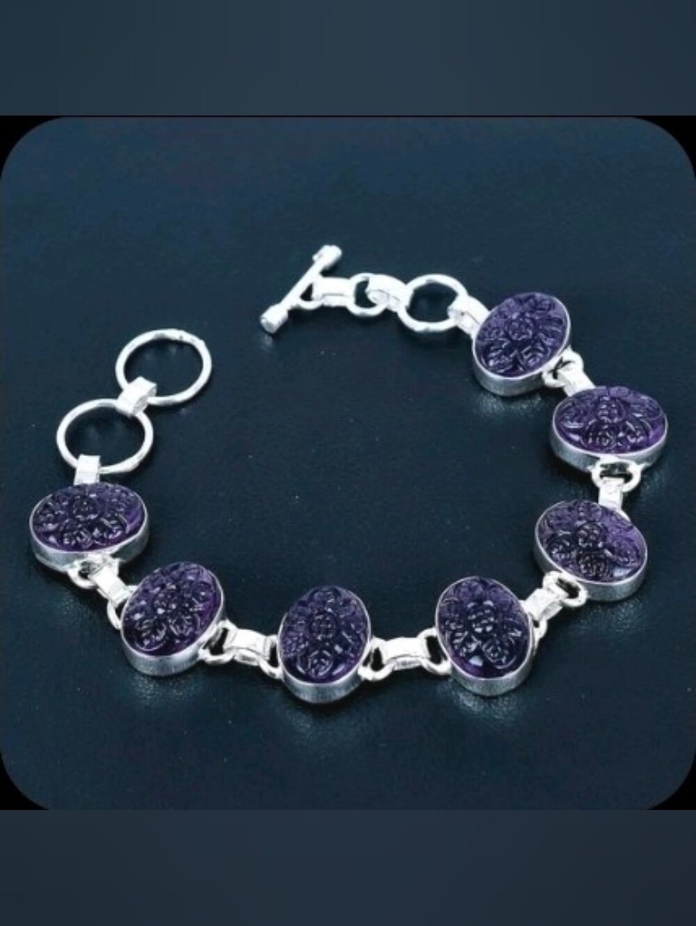 Sterling Silver Amethyst Carved Stone Link Bracelet